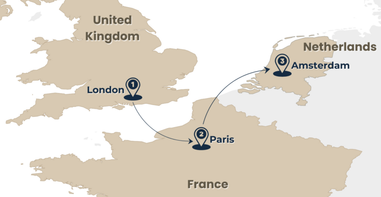 a map of the Classic Capitals Tour by train from London to Paris to Amsterdam from Rail Escape