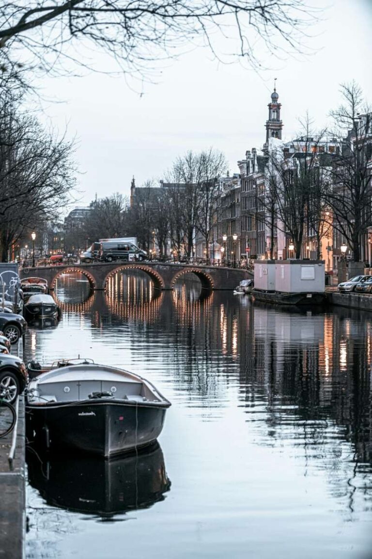 Amsterdam canal at dusk with reflections of trees and lights on water