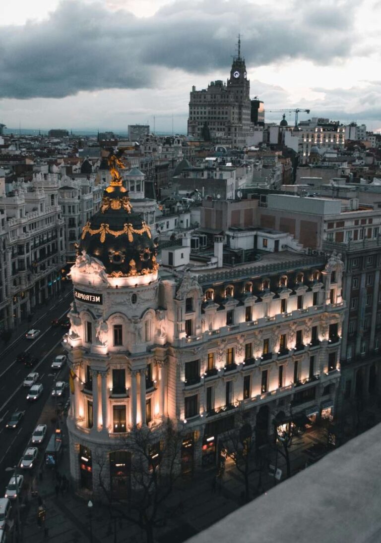 Aerial view of the Metropolis building in Madrid during a cloudy day