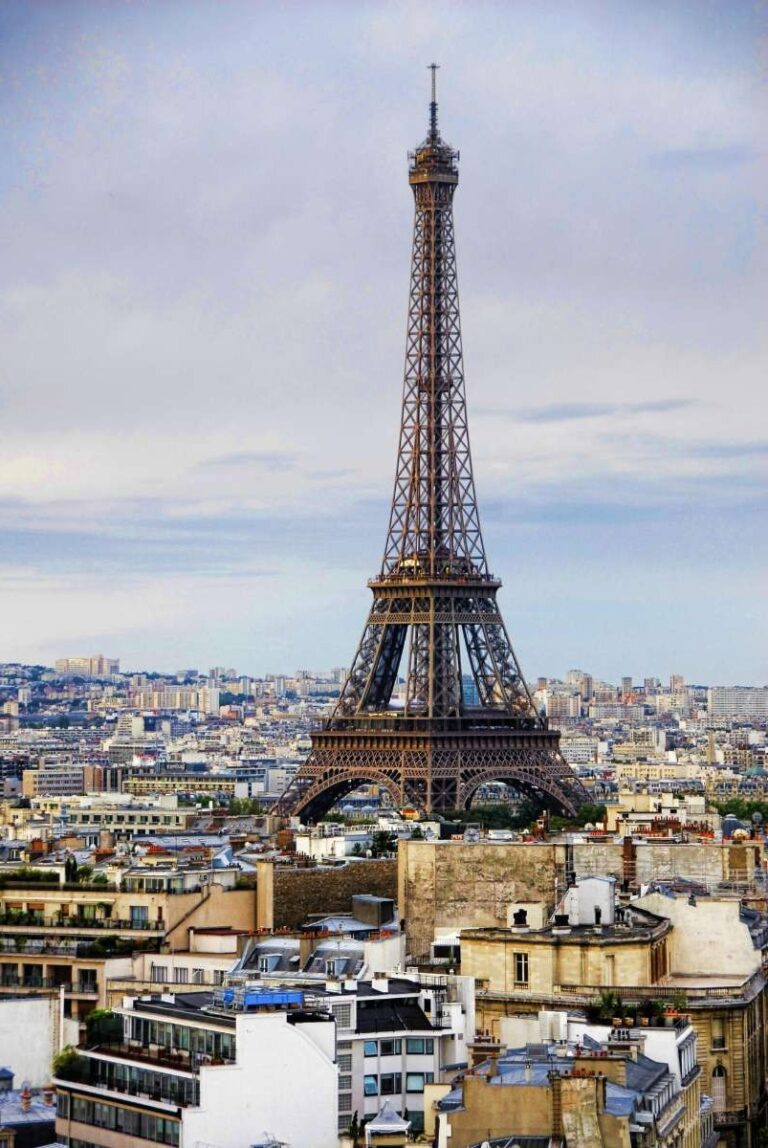 The Eiffel Tower rises above the Paris cityscape against a cloudy sky