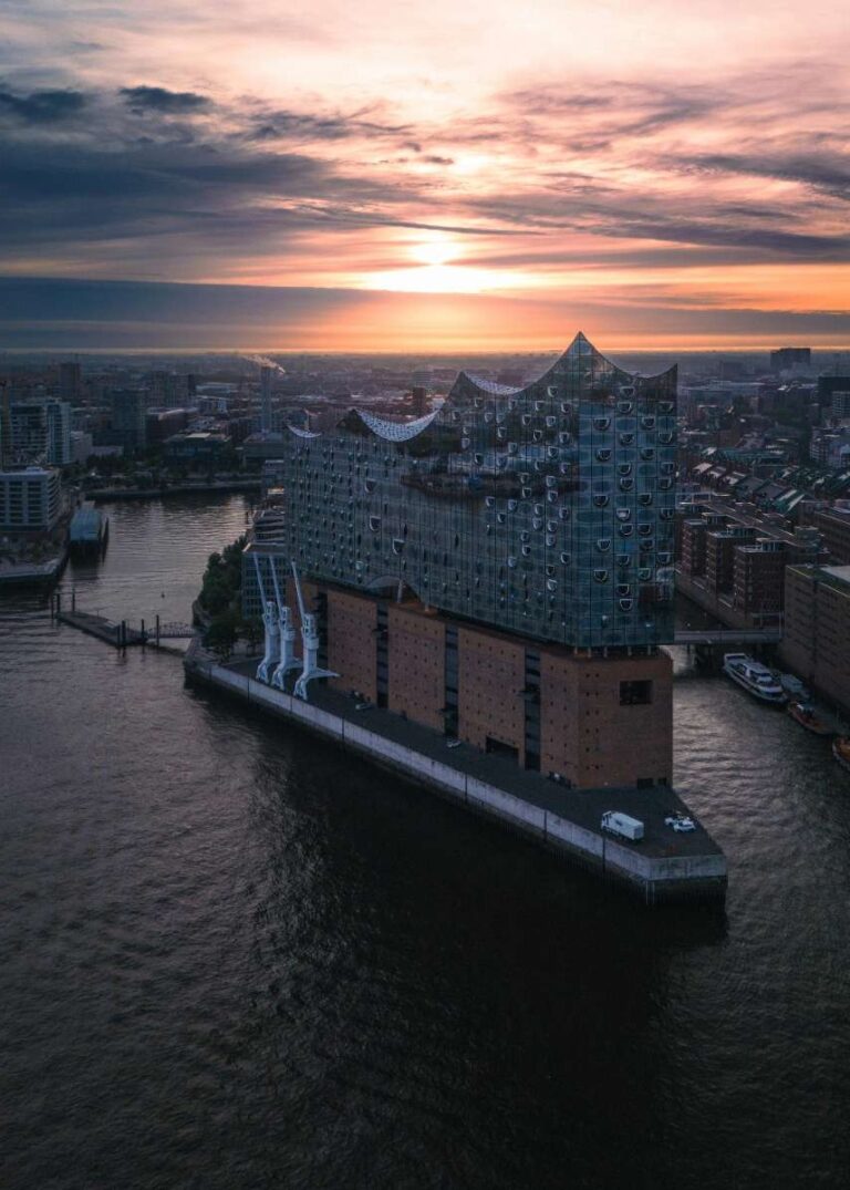 Elbphilharmonie in Hamburg at sunset over the Elbe River