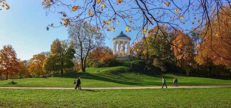 English Garden in Munich with temple and autumn foliage