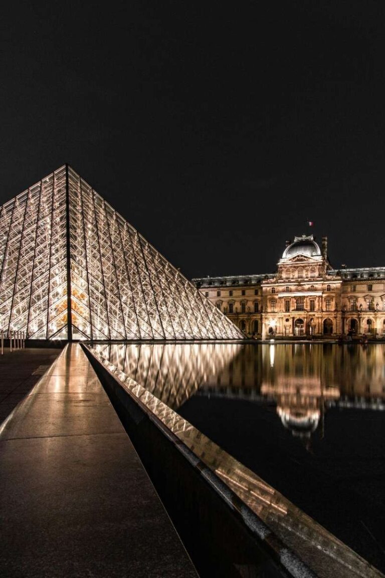 Louvre Museum with illuminated glass pyramid reflecting in water at night