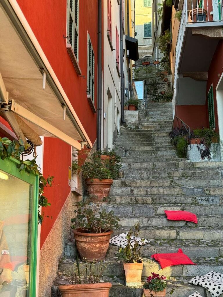 Narrow street in Milan's old town with stairs and potted plants