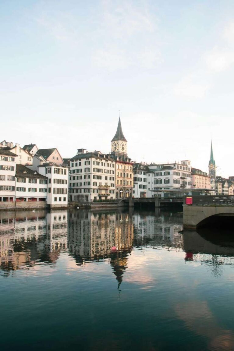 Old town Zurich with reflections on the river and church spires