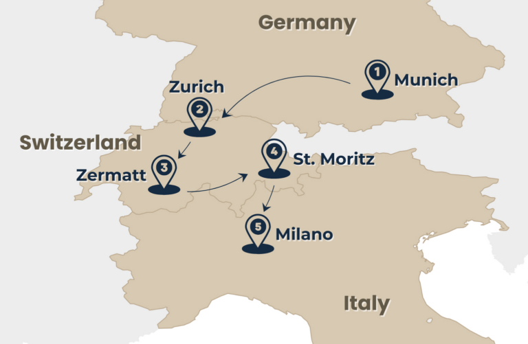 Map of the Swiss Train Tour from Munich to Milano via Zurich, Zermatt, the famous Bernina Express to St Moritz by Rail Escape