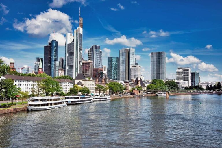 Frankfurt city skyline with modern skyscrapers and the Main River