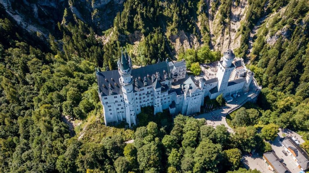 Aerial view of Neuschwanstein Castle in summer