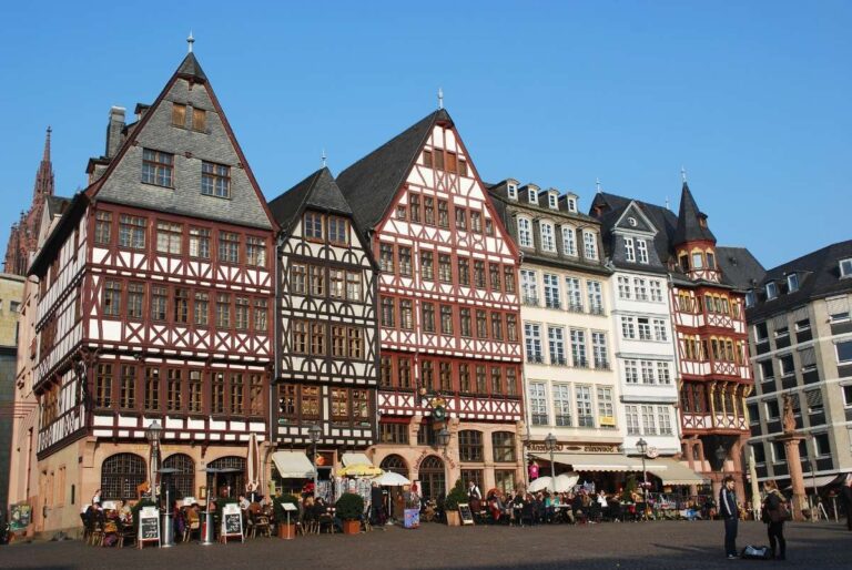 Traditional timber-framed buildings in Frankfurt's historic town square