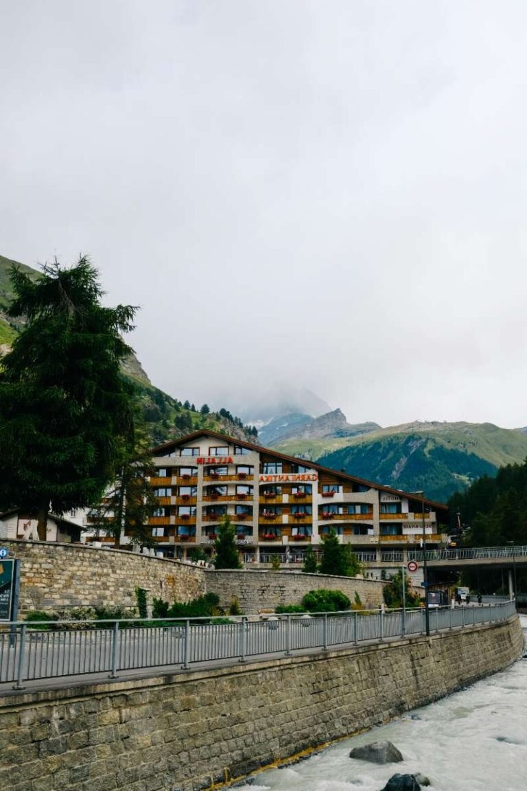 Traditional Swiss hotel in Zermatt with alpine backdrop