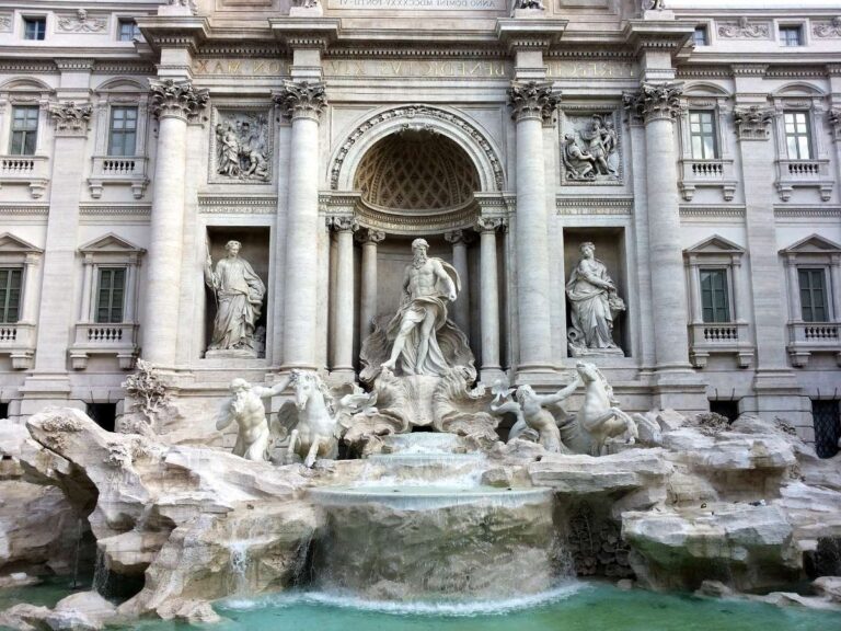 The Trevi Fountain in Rome, featuring ornate sculptures and flowing water