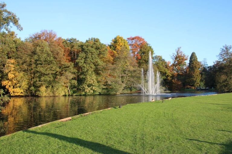 Fountain in a lush park in Arnhem, surrounded by trees and grassy areas