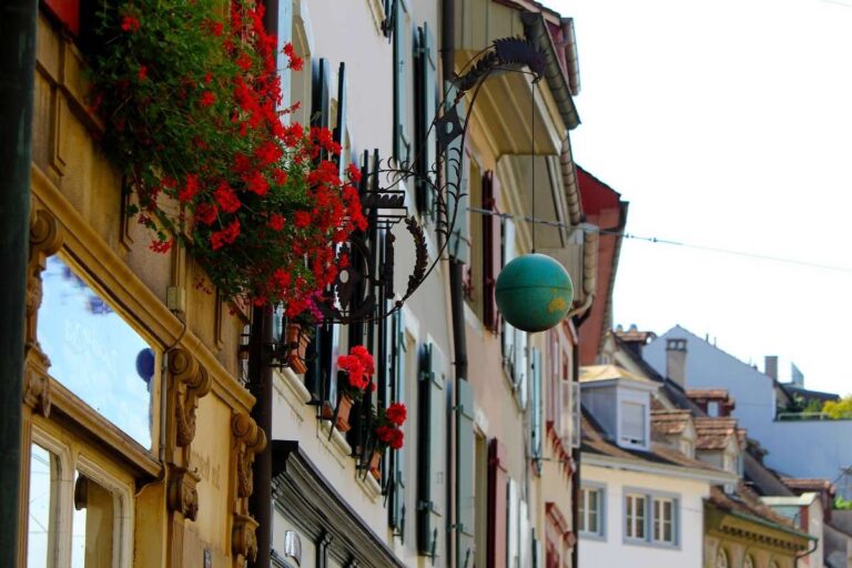 Charming street with red flowers and historic buildings