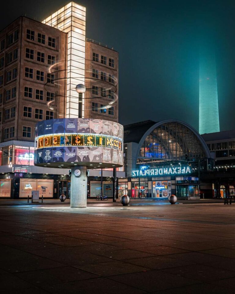 Night view of Berlin's Alexanderplatz with the TV tower and world clock