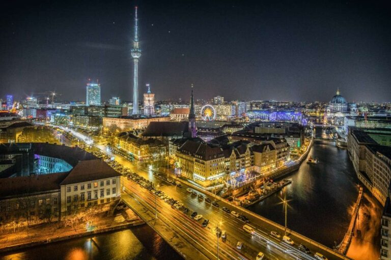 Berlin skyline at night featuring the TV tower