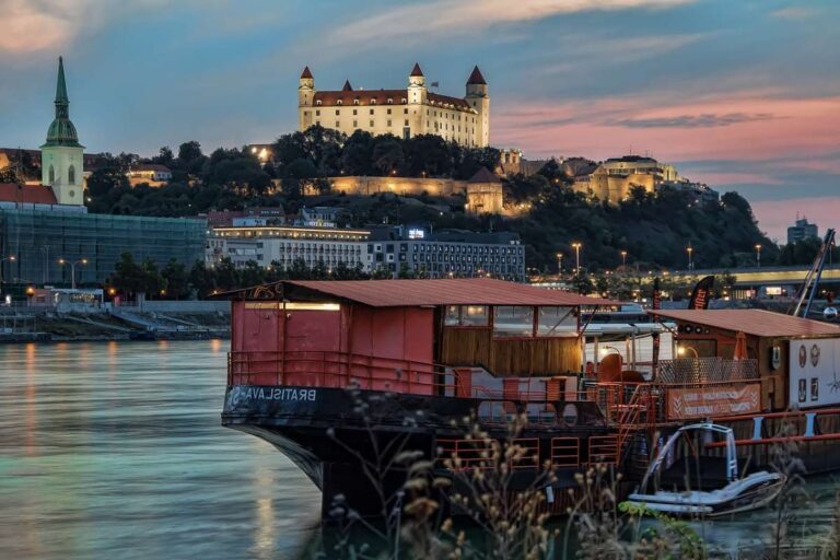 Bratislava Castle overlooking the river at sunset