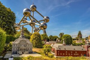 The Atomium sculpture with miniature buildings in Brussels