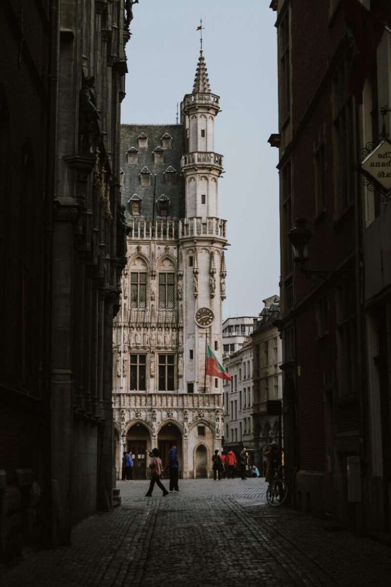 Narrow street in Brussels with a view of a historic tower