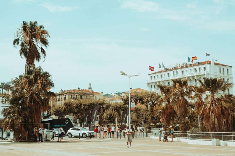 Palm trees and historic buildings in a square in Cannes