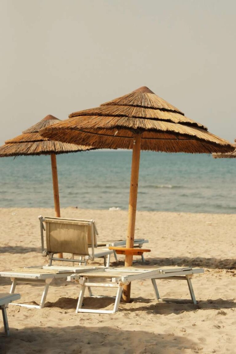 Empty beach chairs and straw umbrellas on a sandy beach