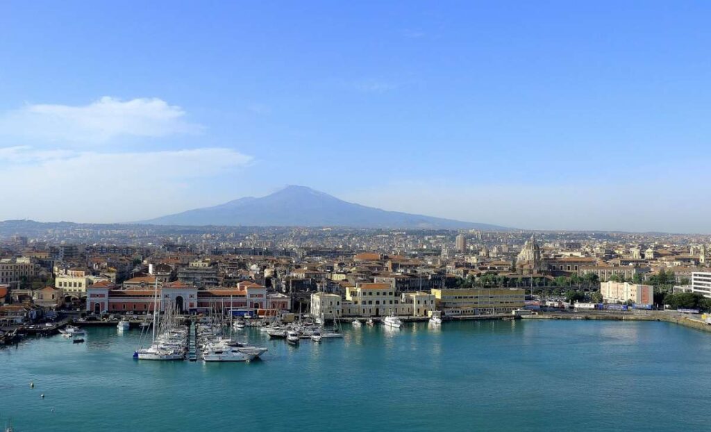 Panoramic view of Catania with Mount Etna in the background