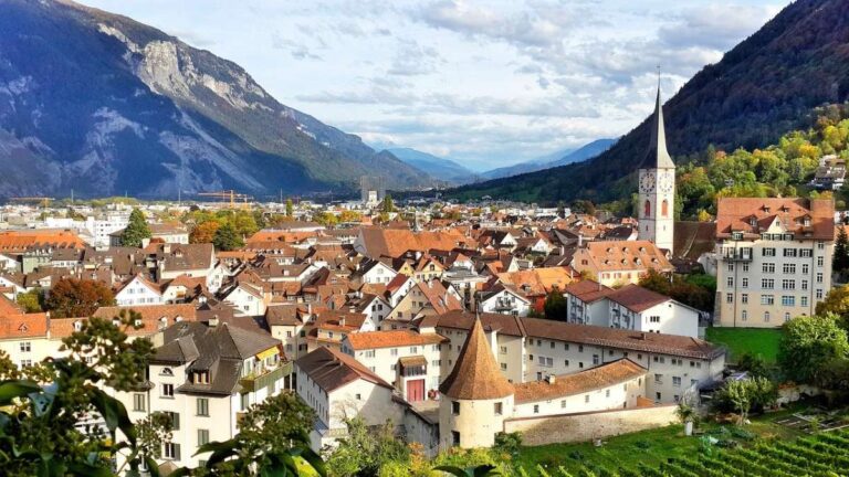 Panoramic view of Chur town with mountains in the background