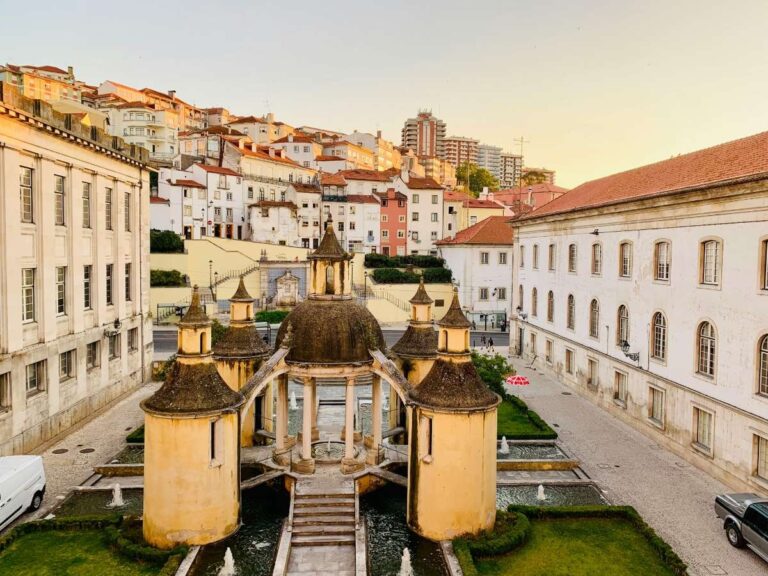 Scenic view of Coimbra's charming cityscape and central fountain