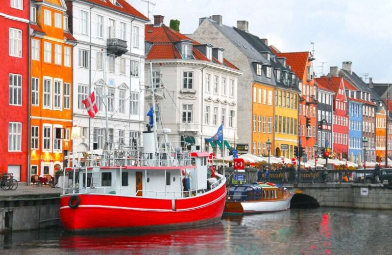 Colorful historic buildings and boats in Copenhagen's harbor