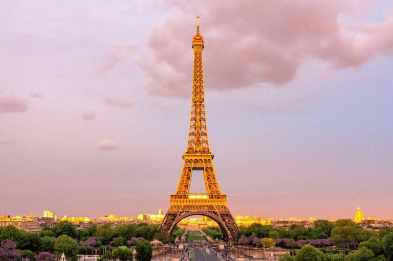 Famous Eiffel Tower surrounded by trees during sun set