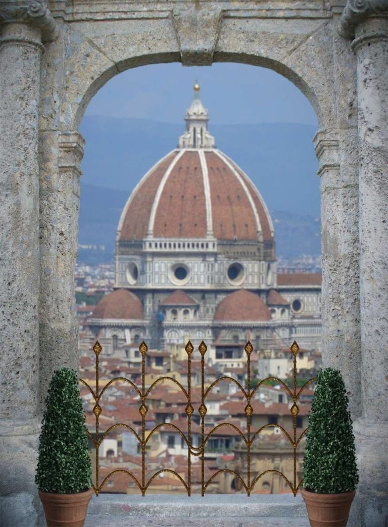 View of Florence's cathedral dome framed by stone arches with a fence in the foreground