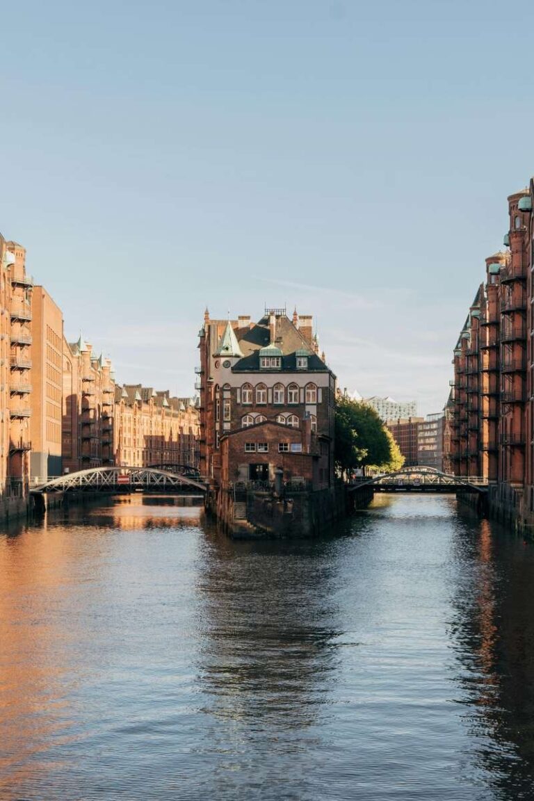 View of historic Speicherstadt warehouses in Hamburg