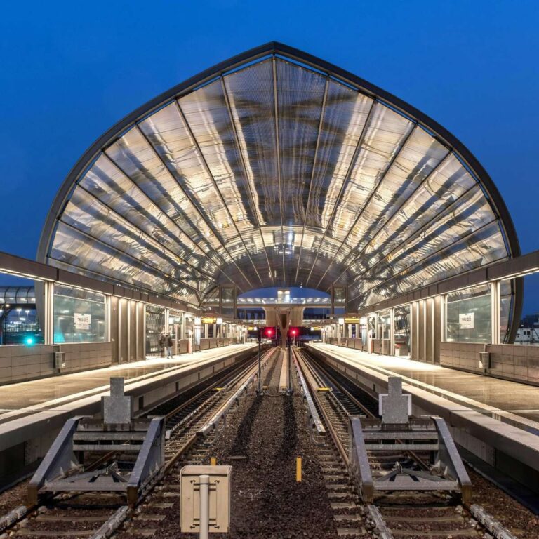 Modern architecture of a Hamburg metro station at dusk