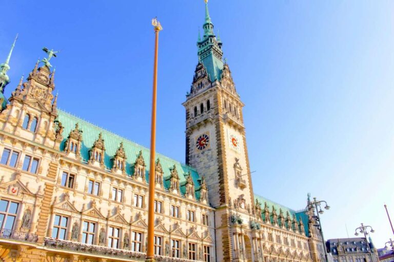 Neo-Renaissance facade of Hamburg Town Hall against a clear sky