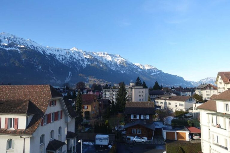 Town with snow-covered mountains in the background on a sunny day