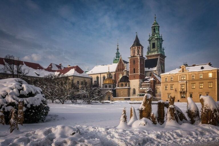 Krakow's Main Market Square covered in winter snow