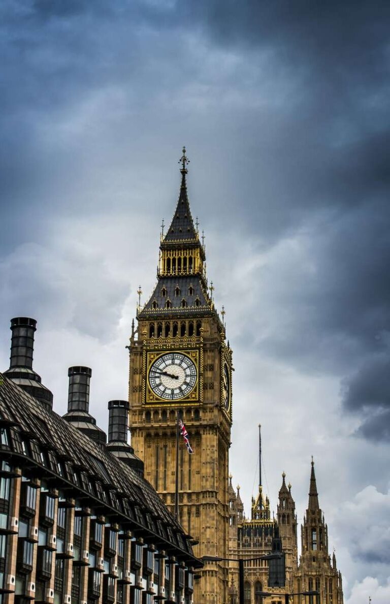 Big Ben clock tower and the Houses of Parliament in London under a cloudy sky