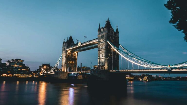 Iconic Tower Bridge in London illuminated against a twilight sky