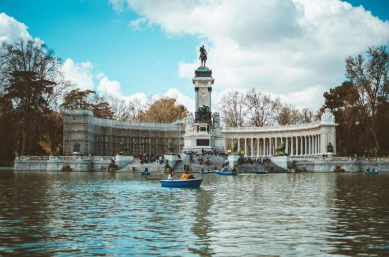 Monument to Alfonso XII at El Retiro Park in Madrid, viewed from the lake