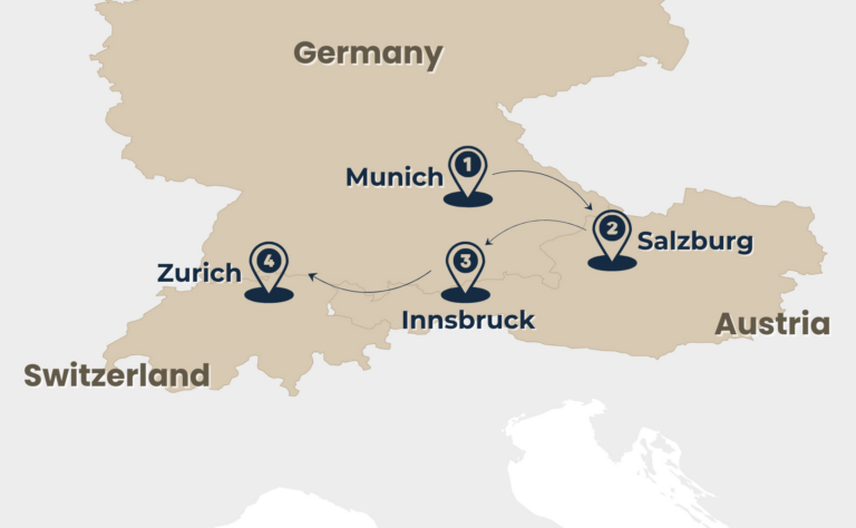 map of tour Alps Adventure Tour Peaks & Valleys in Munich, Salzburg, Innsbruck and Zurich by Rail Escape