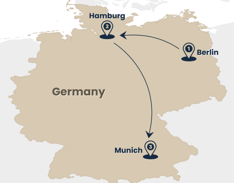 map of tour German Trio: History & Culture from Berlin to Hamburg ending in Munich by Rail Escape