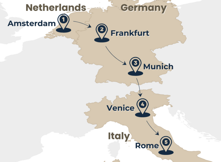 map showing the Art & Romance tour from Amsterdam to rome via Frankfurt, Munich and Venice by Rail Escape