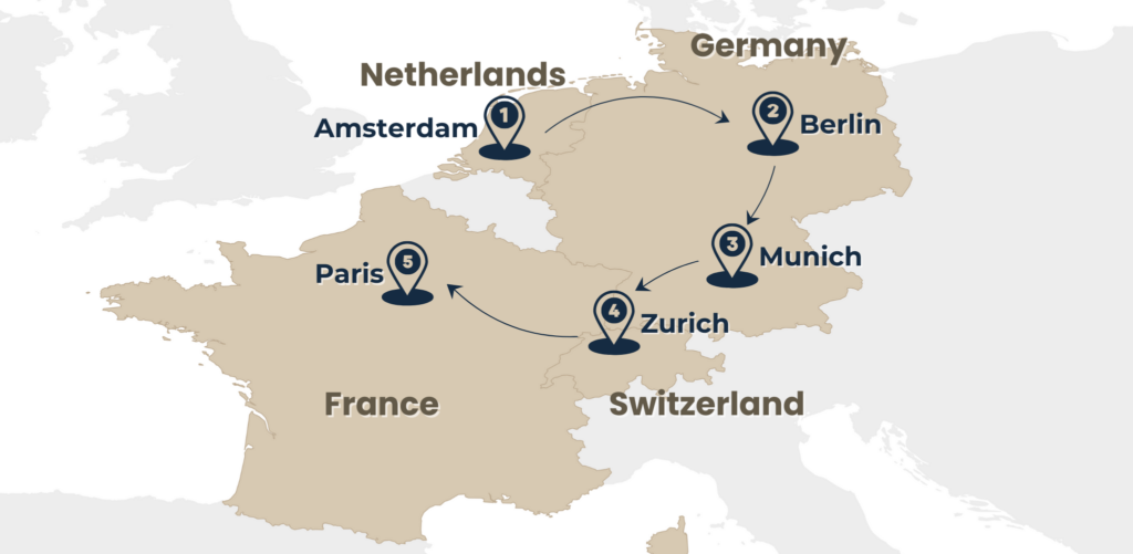 Map highlighting the GRand Capitals European tour route from Amsterdam to Paris via Berlin, Munich and Zurich by Rail Escape