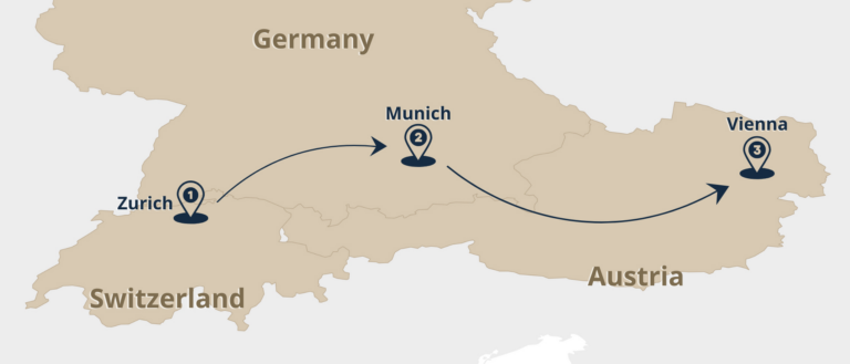 map of the Rail Escape European Christmas Market Tour from Zurich via Munich to Vienna