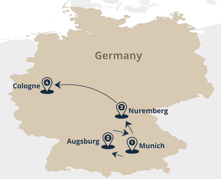 map of Rail Escape German Christmas Market Tour from Munich via Augsburg, Nuremberg to Cologne