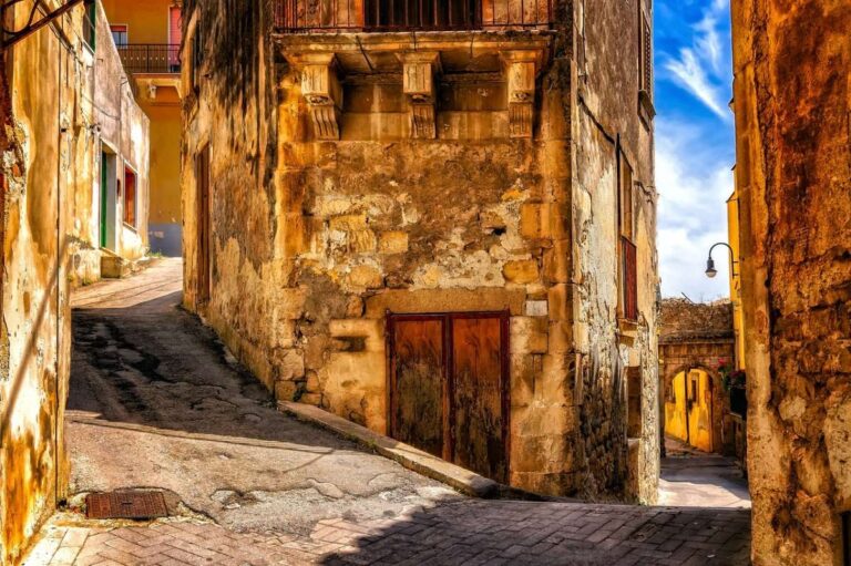 Old town of Modica with rustic stone buildings and winding roads