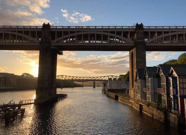 Sunset view of High Level Bridge over the river in Newcastle