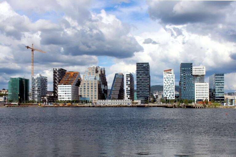 Modern buildings along the river in Oslo's new town