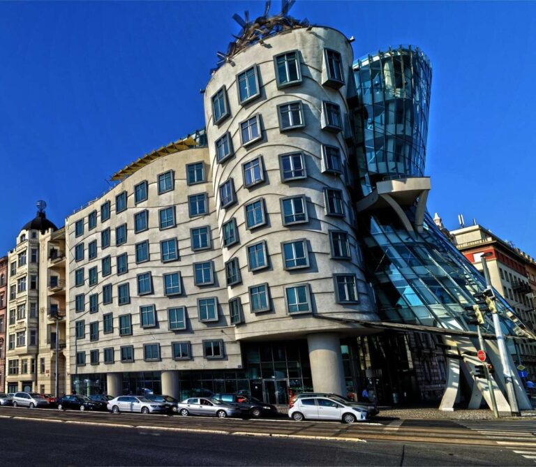 Famous Dancing House in Prague with a blue sky backdrop