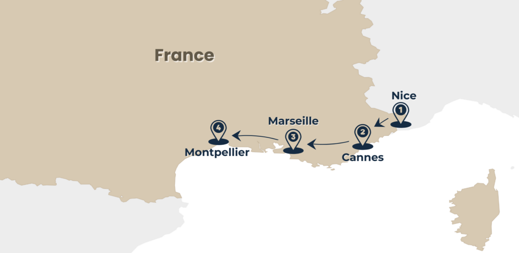 map of tour french riviera tour sun & sea from nice to montpellier via cannes and marseille by rail escape