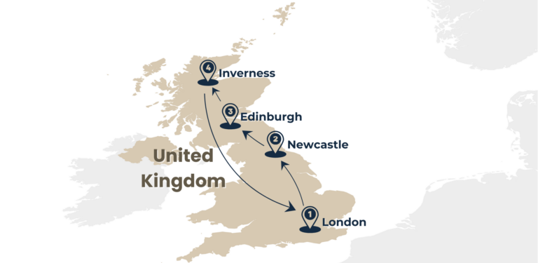 map of british isles tour from london to inverness via newcastle and Edinburgh by Rail Escape